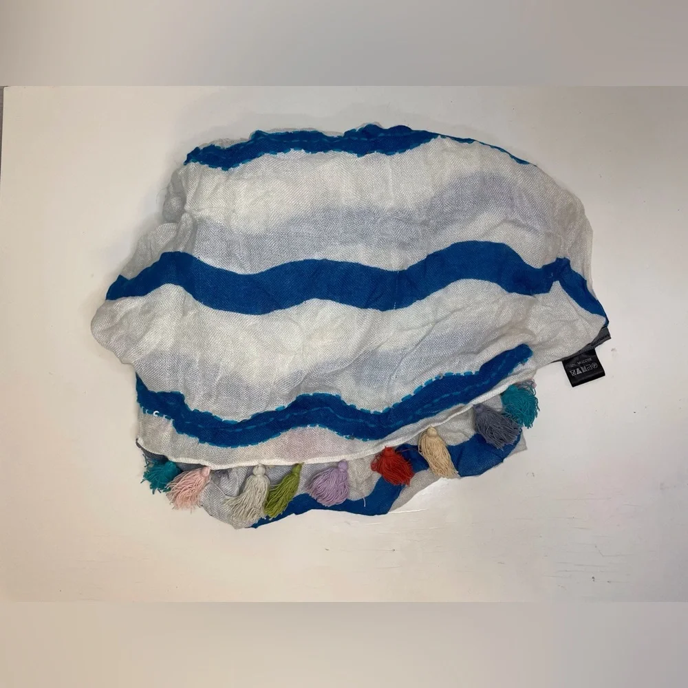 Renee’s NYC Accessories Y2K Viscose Blue and White Striped Scarf with Tassels‎